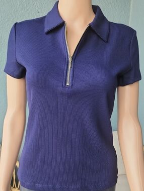 Tahari Navy Ribbed Short-Sleeve Zip Polo